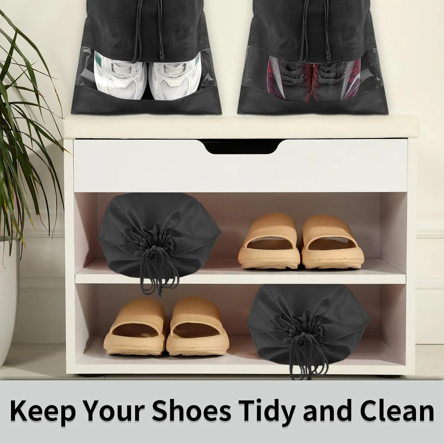 12 Pack Large Shoe Bags for Packing with Clear Window, Dustproof Drawstring Travel Shoe Storage Bags for Men & Women, Black