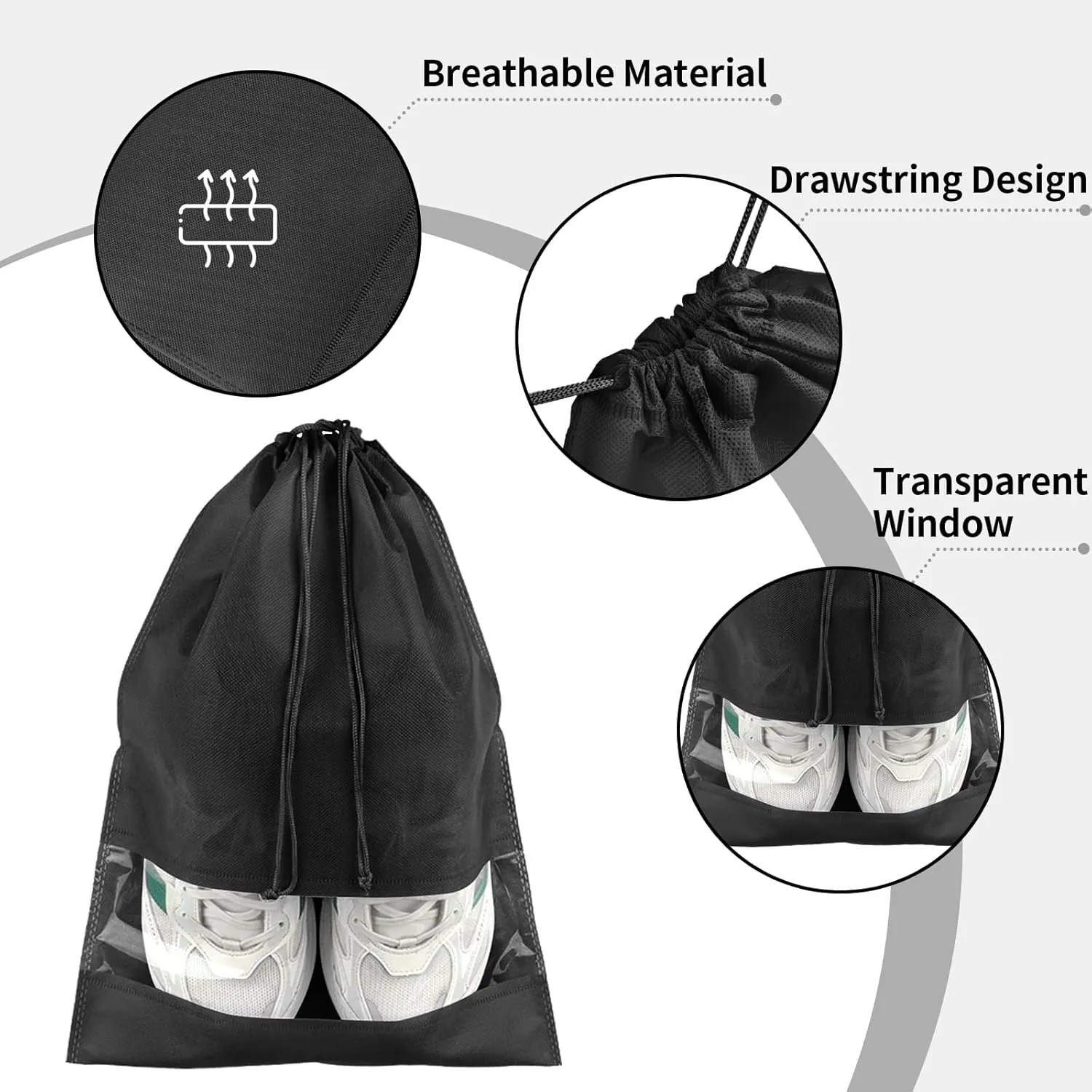 12 Pack Large Shoe Bags for Packing with Clear Window, Dustproof Drawstring Travel Shoe Storage Bags for Men & Women, Black