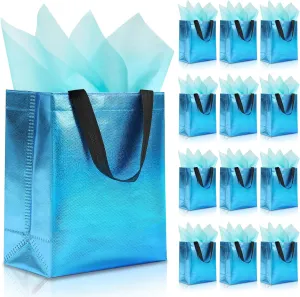 12pcs Reusable Gift BagsIncludes Tissue Paper Gift bag with handle Birthdays Parties Holidays Weddings Medium 10x4x8in cyan