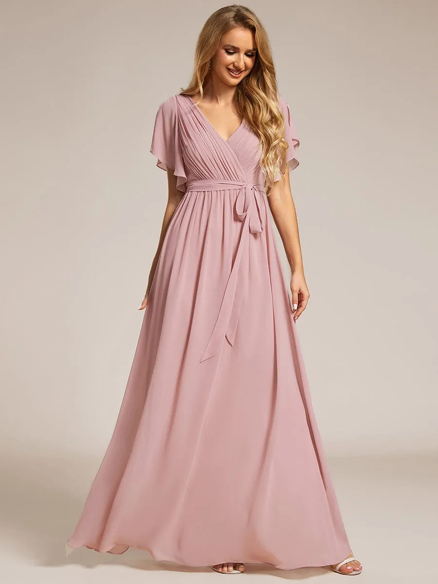 A-Line Pleated Chiffon Tie-Waist Wedding Guest Dress