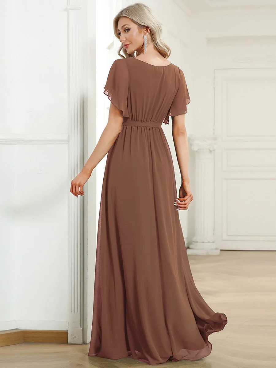 A-Line Pleated Chiffon Tie-Waist Wedding Guest Dress