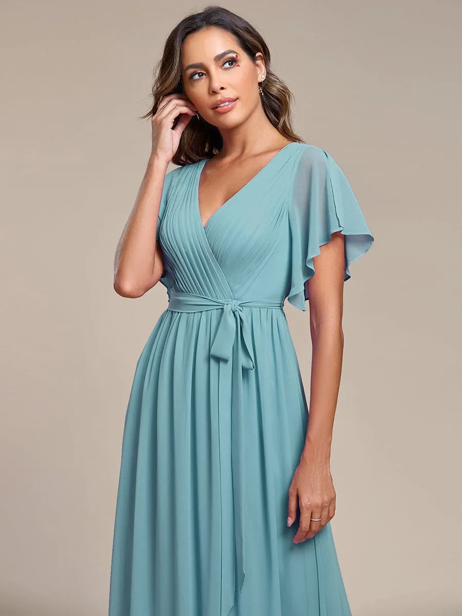A-Line Pleated Chiffon Tie-Waist Wedding Guest Dress