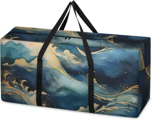 Abstract Marble Extra Large Moving Bags Heavy Duty Storage Bags Blue Gold Marble Cloth Wrap Around Handles Double Zipper Reusable Convenient Foldable Storage Tote for Travel Camping Space Save