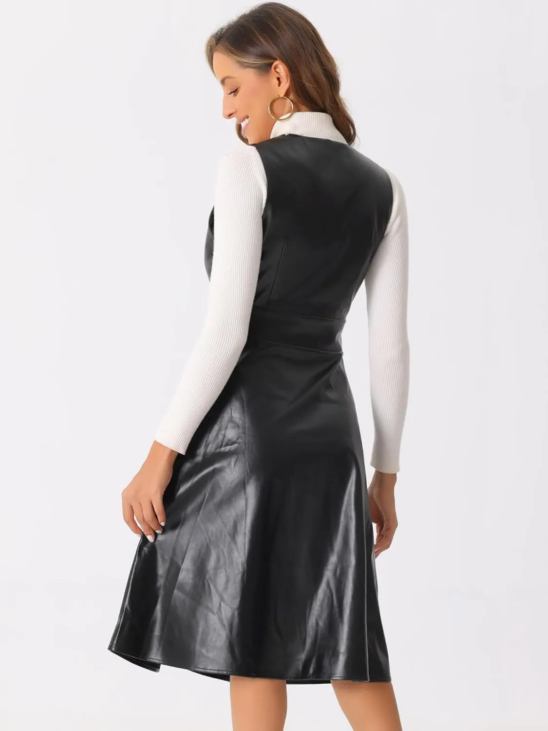 Allegra K Faux Leather V Neck Dress for Women's Sleeveless Button Down Casual Party Midi Dress