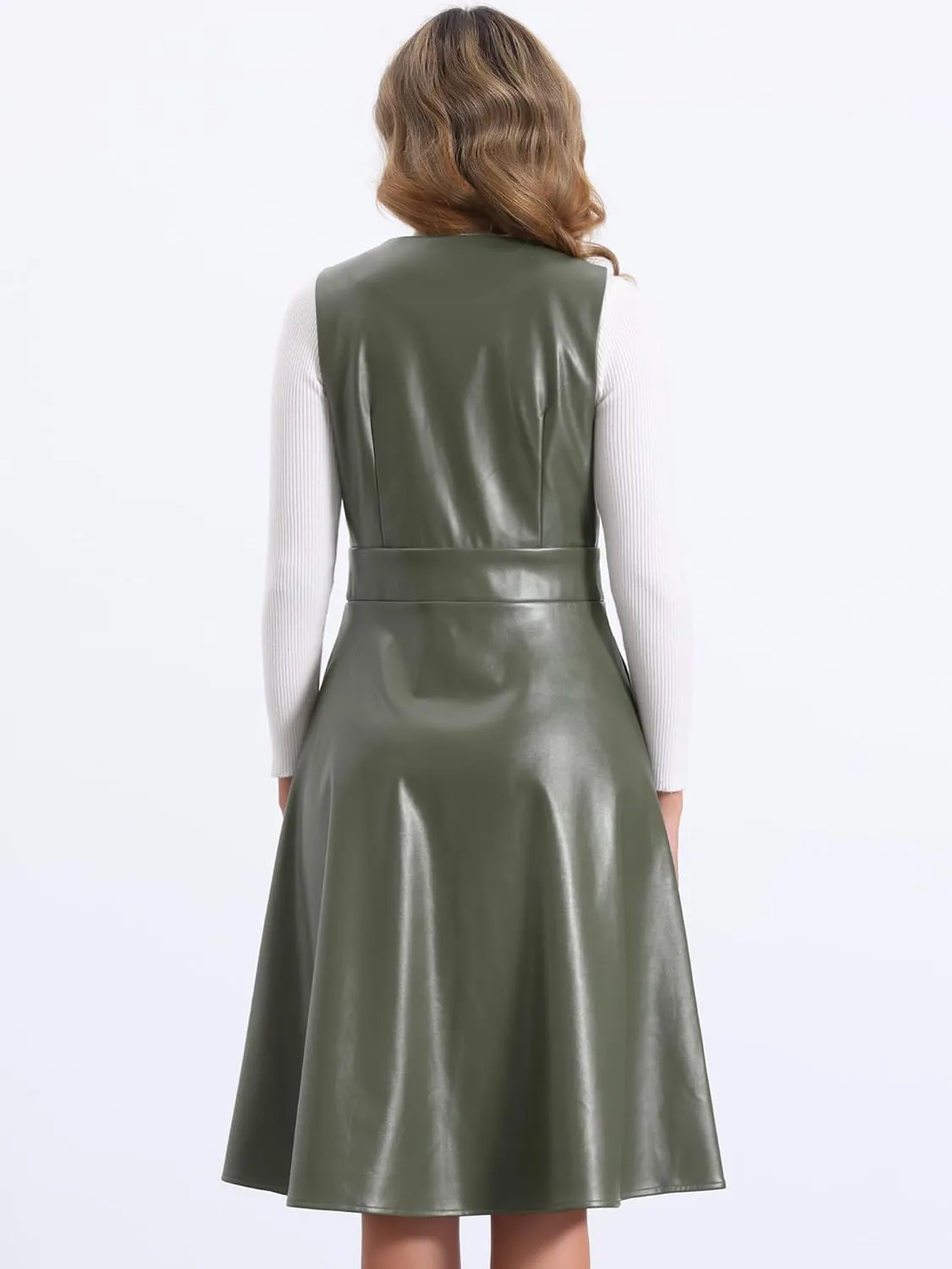 Allegra K Faux Leather V Neck Dress for Women's Sleeveless Button Down Casual Party Midi Dress