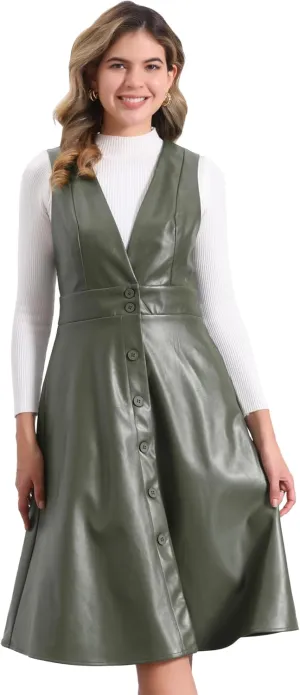 Allegra K Faux Leather V Neck Dress for Women's Sleeveless Button Down Casual Party Midi Dress