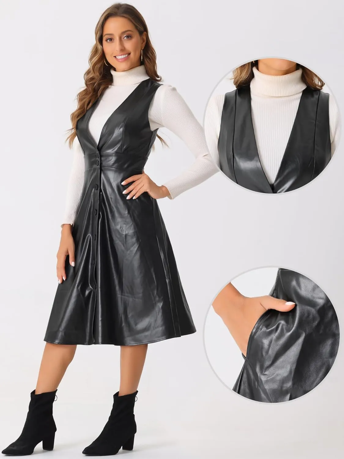Allegra K Faux Leather V Neck Dress for Women's Sleeveless Button Down Casual Party Midi Dress