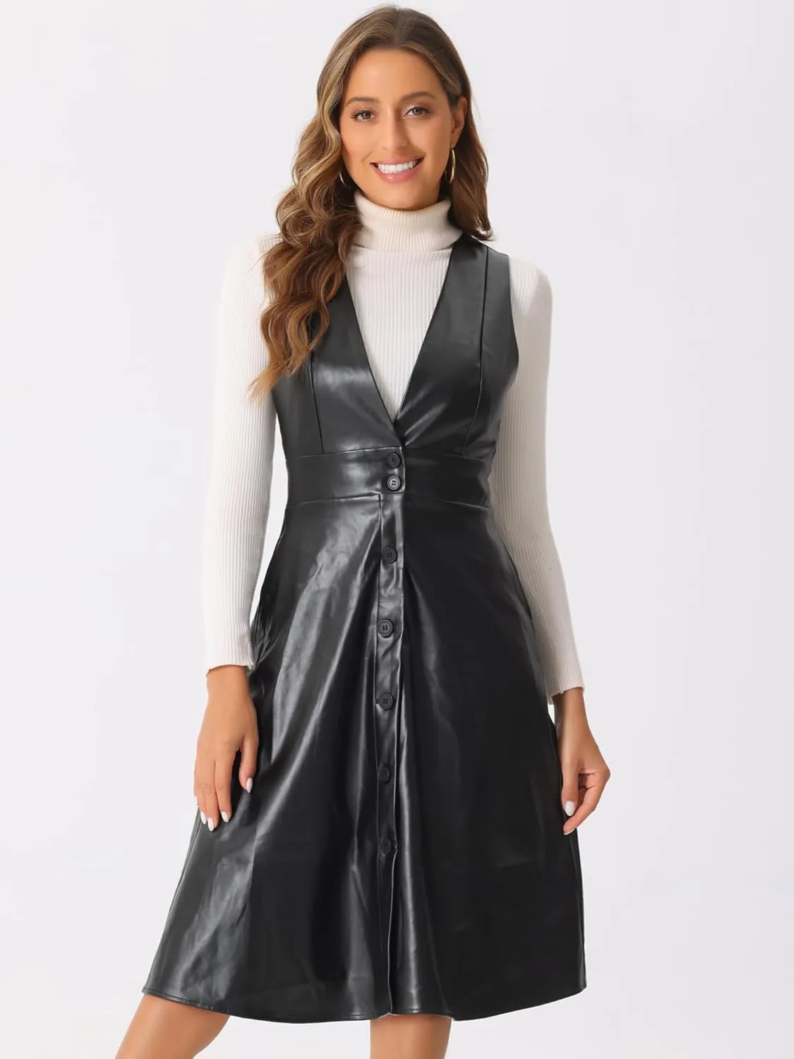 Allegra K Faux Leather V Neck Dress for Women's Sleeveless Button Down Casual Party Midi Dress