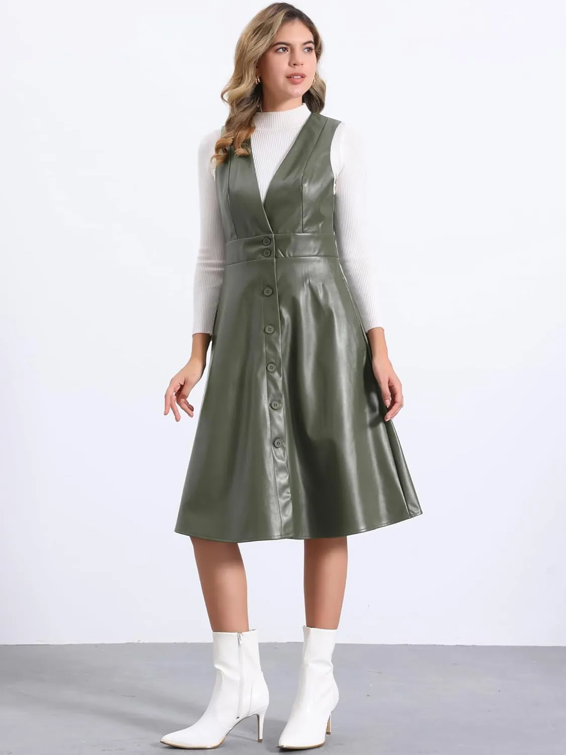 Allegra K Faux Leather V Neck Dress for Women's Sleeveless Button Down Casual Party Midi Dress