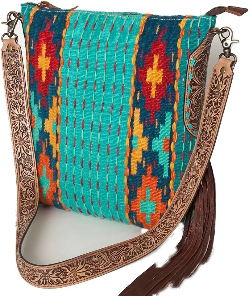 American Darling Messenger Bag Saddle Blanket Fabric Genuine Leather Western Women Bag Handbag Purse | Cute Messenger Bag | Leather Messenger Bag | Messenger Purse