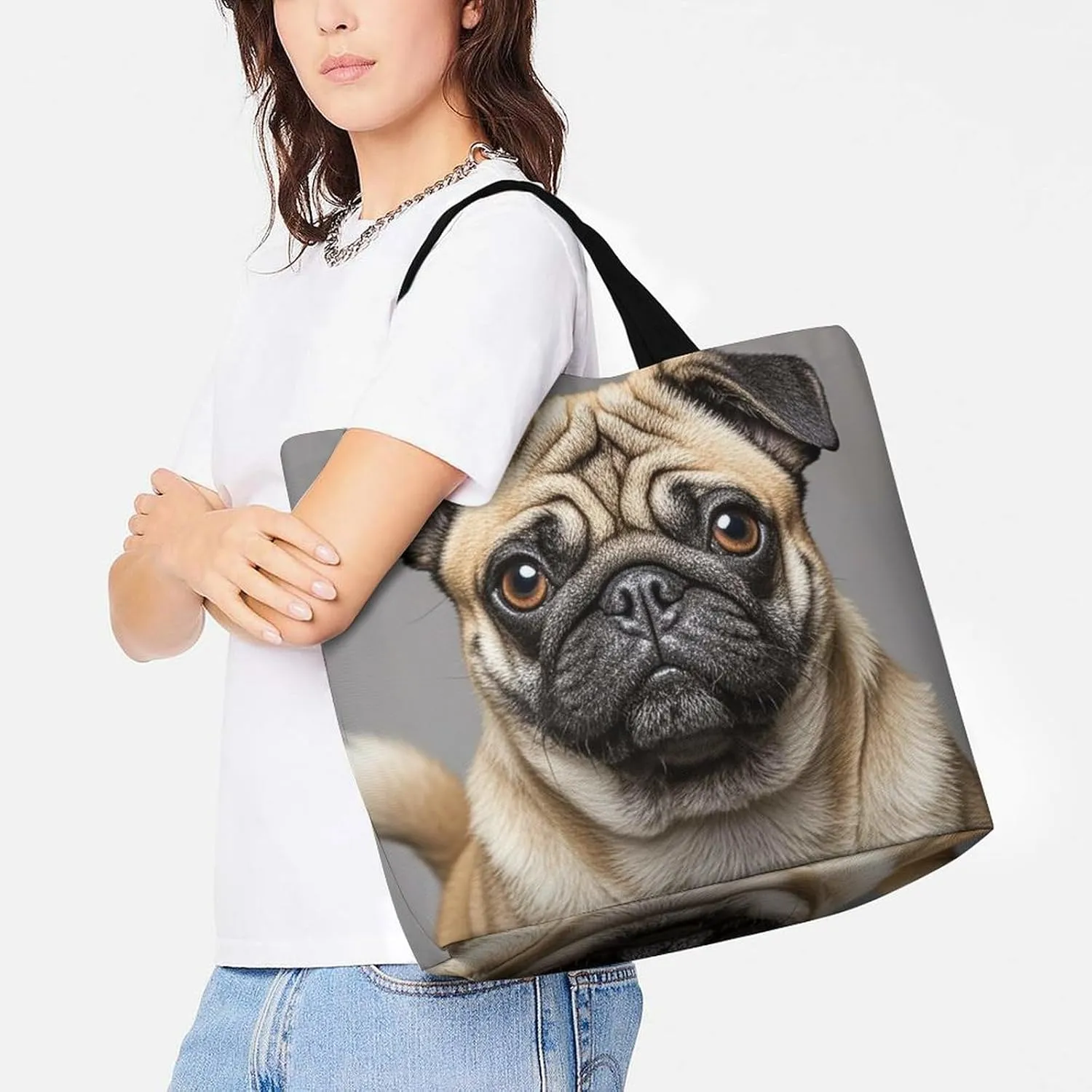 Animal Pug Dog Beach Bag Reusable Tote Bag Foldable Grocery Bags Women Shopping Bags for Daily Essentials