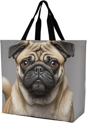 Animal Pug Dog Beach Bag Reusable Tote Bag Foldable Grocery Bags Women Shopping Bags for Daily Essentials