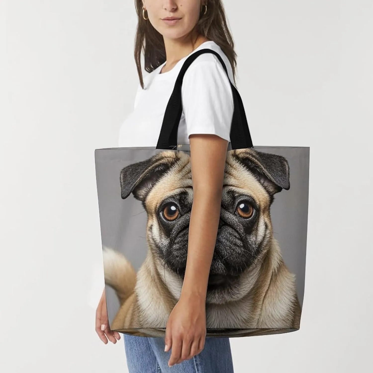 Animal Pug Dog Beach Bag Reusable Tote Bag Foldable Grocery Bags Women Shopping Bags for Daily Essentials
