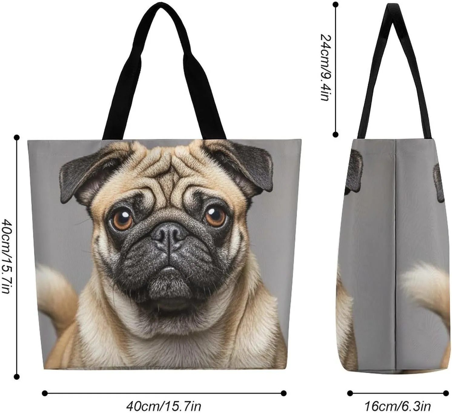 Animal Pug Dog Beach Bag Reusable Tote Bag Foldable Grocery Bags Women Shopping Bags for Daily Essentials
