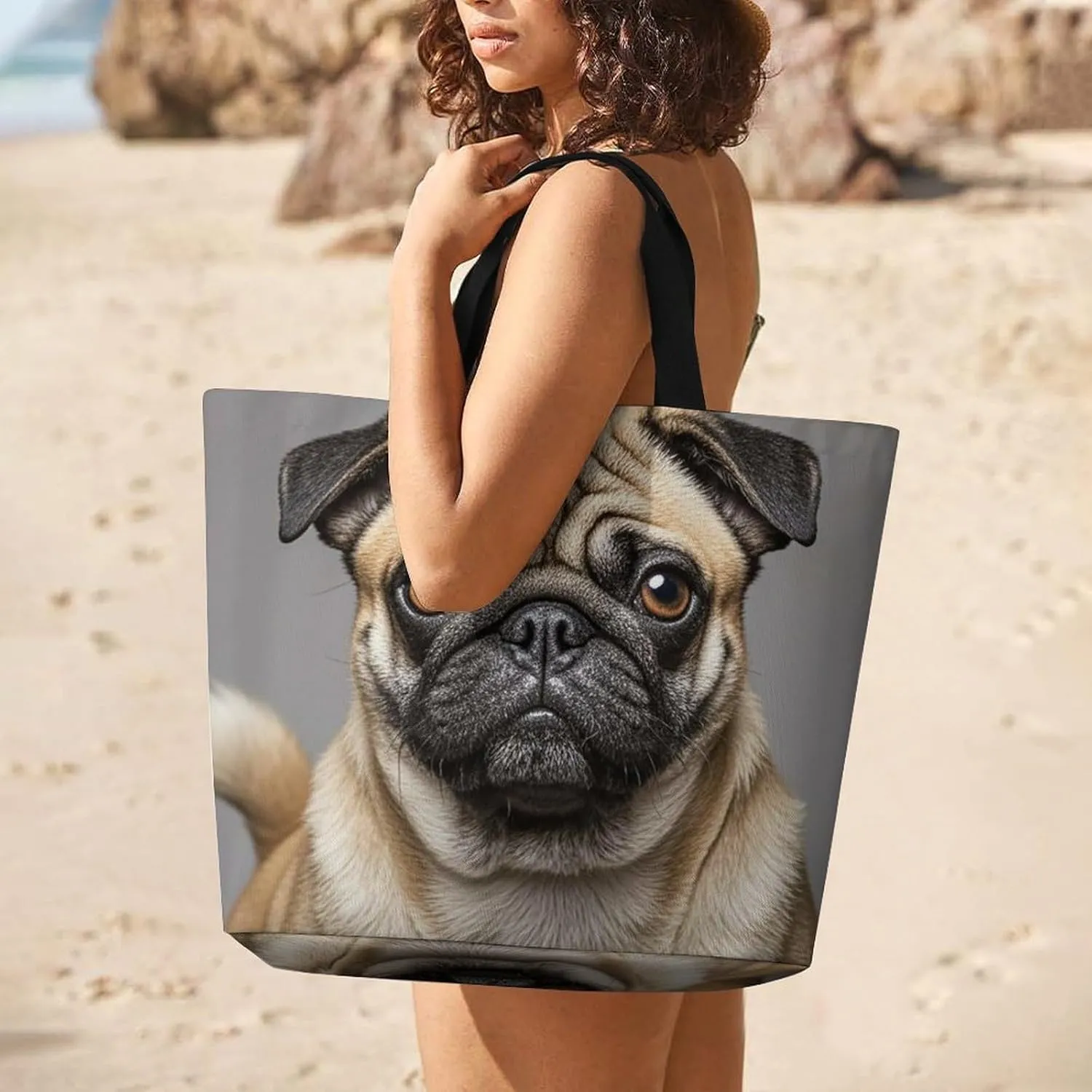 Animal Pug Dog Beach Bag Reusable Tote Bag Foldable Grocery Bags Women Shopping Bags for Daily Essentials