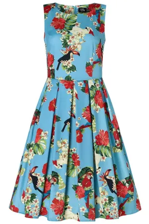 Annie Pecan, Parrot & Leaf Print 1950 Inspired Dress in Sky Blue with Pockets