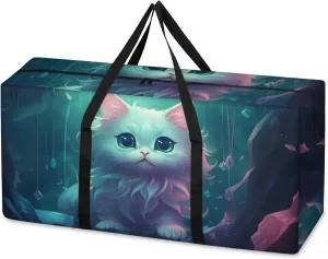 Artistic Cat Extra Large Moving Bags Heavy Duty Storage Bags Cartoon Cat Cloth Wrap Around Handles Double Zipper Reusable Convenient Foldable Storage Tote for Travel Camping Space Save