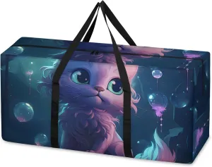 Artistic Cat Extra Large Moving Bags Heavy Duty Storage Bags Magical Cat Cloth Wrap Around Handles Double Zipper Reusable Convenient Foldable Storage Tote for Travel Camping Space Save