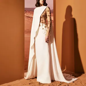 Asymmetrical White Crepe Dress With Train