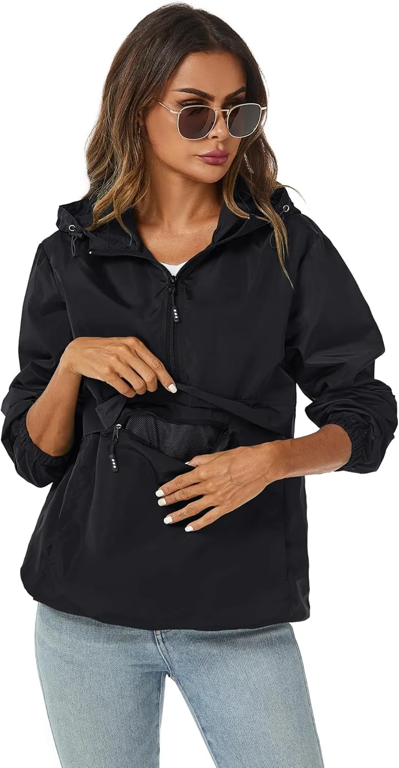 Avoogue Womens Rain Jacket with Hood,Pullover,Packable,Lightweight,Windbreaker,Waterproof,Breathable.