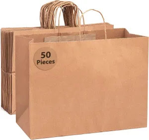 Bilinny Large Brown Paper Bags with Handles, 16x6x12 Inches Shopping Bags, 50 Pack