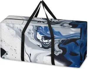 Blue Gold Marble Extra Large Moving Bags Heavy Duty Storage Bags Mystical Marble Cloth Wrap Around Handles Double Zipper Reusable Convenient Foldable Storage Tote for Travel Camping Space Save