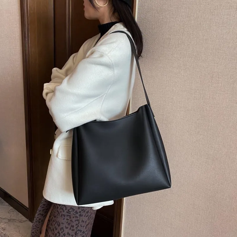 Bucket Purse Sets for Women Soft Leather Tote Bag Set Vintage Purse Wallet Combo Handbags with Matching Wallets (Black)