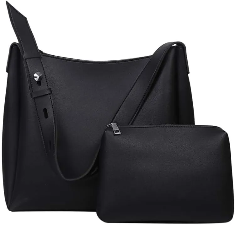 Bucket Purse Sets for Women Soft Leather Tote Bag Set Vintage Purse Wallet Combo Handbags with Matching Wallets (Black)