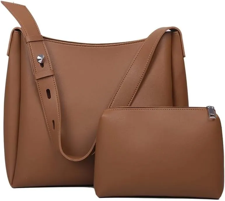 Bucket Purse Sets for Women Soft Leather Tote Bag Set Vintage Purse Wallet Combo Handbags with Matching Wallets (Brown)