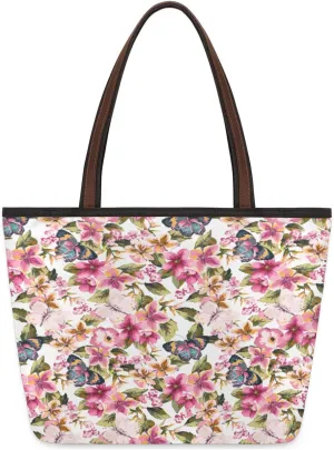 Butterflies Floral Pattern Large Beach Tote Bag for Women Reusable Grocery Shopping Handbag with Zipper Top Handle Tote Size L