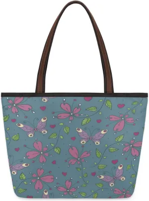Butterfly Leaf Large Beach Tote Bag for Women Reusable Grocery Shopping Handbag with Zipper Top Handle Tote Size L
