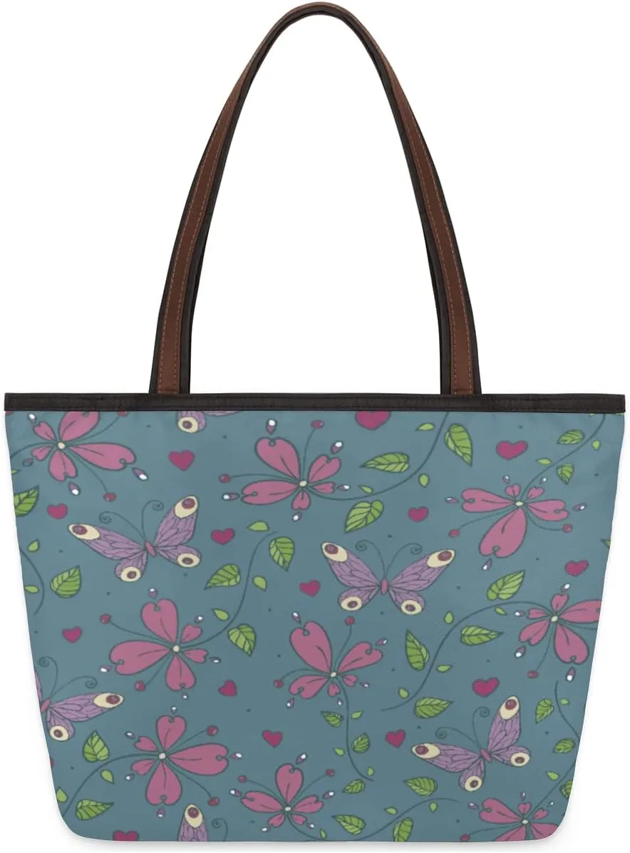 Butterfly Leaf Large Beach Tote Bag for Women Reusable Grocery Shopping Handbag with Zipper Top Handle Tote Size L