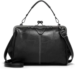 BYKOINE Women Retro Hollow Oil Wax PU Leather Handbag Kiss Lock Crossbody Purse Vintage Messenger Bag Tote, Black