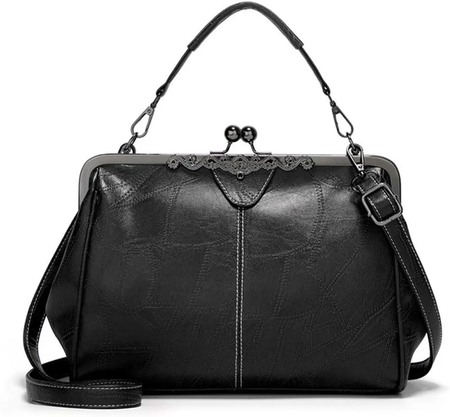 BYKOINE Women Retro Hollow Oil Wax PU Leather Handbag Kiss Lock Crossbody Purse Vintage Messenger Bag Tote, Black