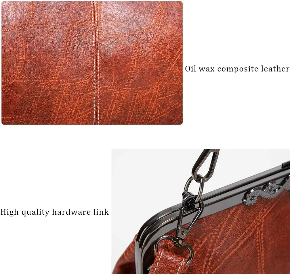 BYKOINE Women Retro Hollow Oil Wax PU Leather Handbag Kiss Lock Crossbody Purse Vintage Messenger Bag Tote, Black