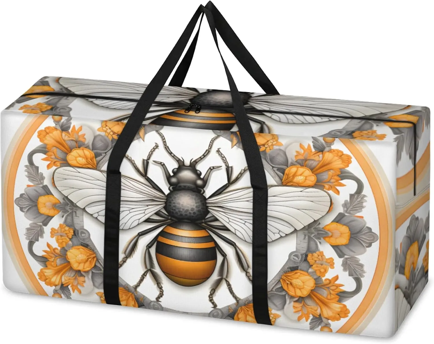 Cartoon Bee Extra Large Moving Bags Heavy Duty Storage Bags Ethnic Bee Cloth Wrap Around Handles Double Zipper Reusable Convenient Foldable Storage Tote for Travel Camping Space Save