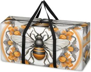 Cartoon Bee Extra Large Moving Bags Heavy Duty Storage Bags Ethnic Bee Cloth Wrap Around Handles Double Zipper Reusable Convenient Foldable Storage Tote for Travel Camping Space Save
