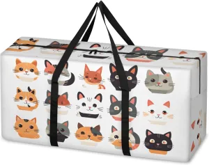 Cartoon Cat Extra Large Moving Bags Heavy Duty Storage Bags Abstract Cat Cloth Wrap Around Handles Double Zipper Reusable Convenient Foldable Storage Tote for Travel Camping Space Save