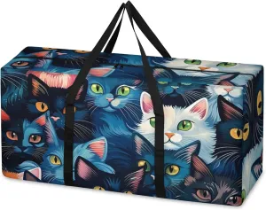 Cartoon Cat Extra Large Moving Bags Heavy Duty Storage Bags Dreamy Cat Cloth Wrap Around Handles Double Zipper Reusable Convenient Foldable Storage Tote for Travel Camping Space Save