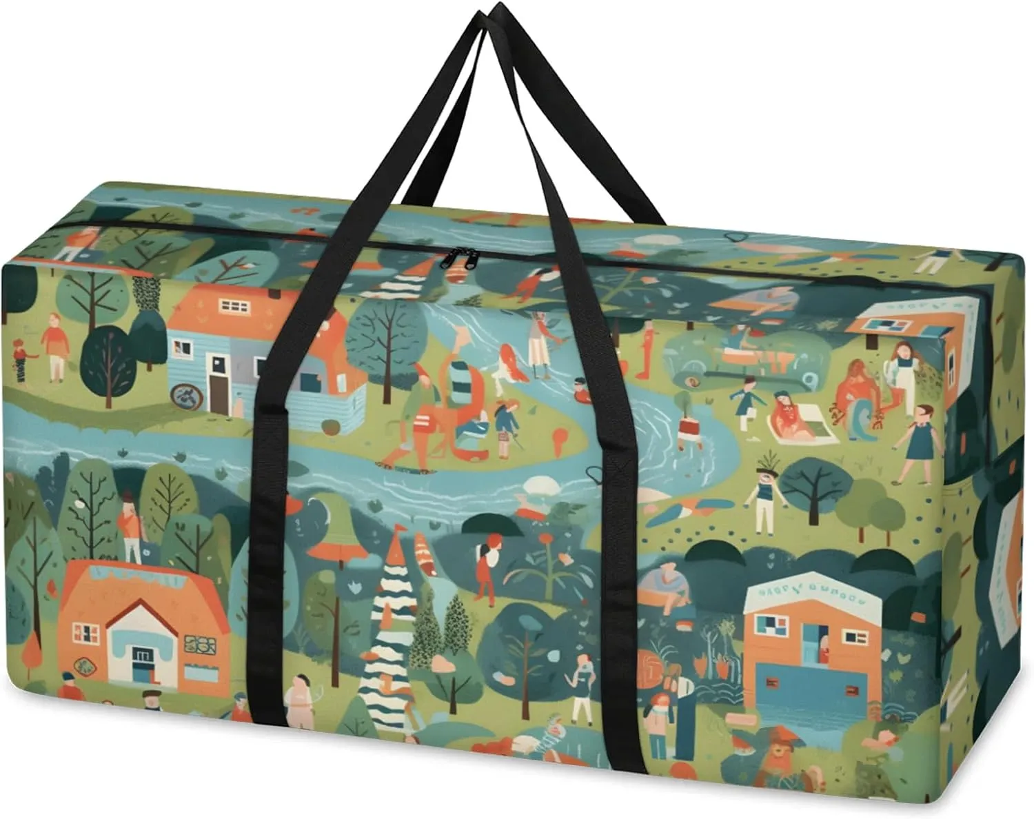 Cartoon City Extra Large Moving Bags Heavy Duty Storage Bags Fantastic City Cloth Wrap Around Handles Double Zipper Reusable Convenient Foldable Storage Tote for Travel Camping Space Save