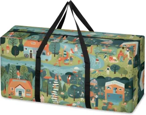 Cartoon City Extra Large Moving Bags Heavy Duty Storage Bags Fantastic City Cloth Wrap Around Handles Double Zipper Reusable Convenient Foldable Storage Tote for Travel Camping Space Save