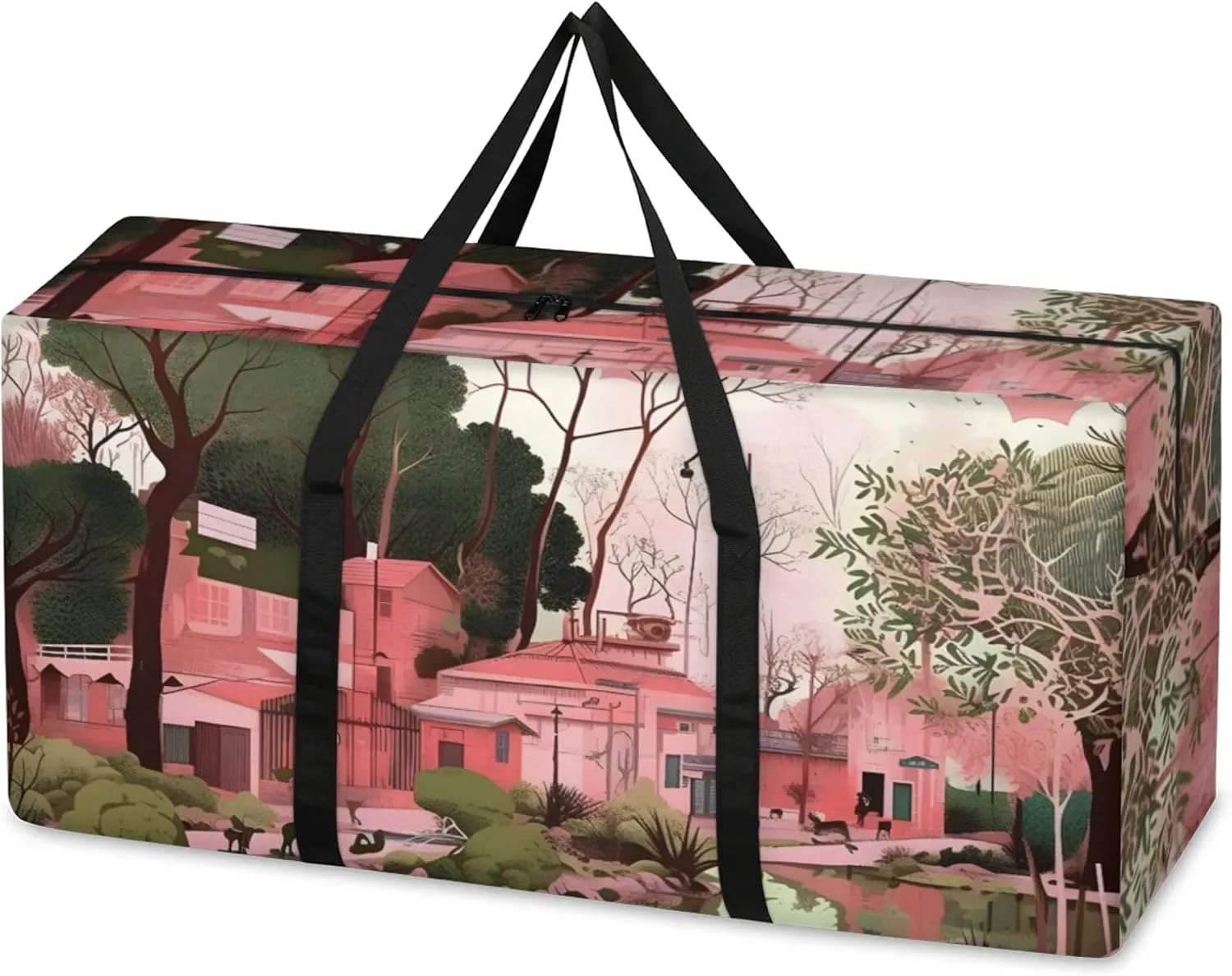 Cartoon City Extra Large Moving Bags Heavy Duty Storage Bags Modern City Cloth Wrap Around Handles Double Zipper Reusable Convenient Foldable Storage Tote for Travel Camping Space Save