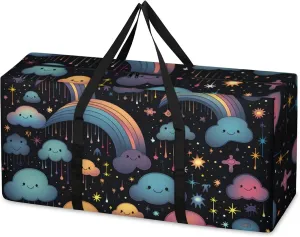 Cartoon Galaxy Extra Large Moving Bags Heavy Duty Storage Bags Cute Rainbow Cloth Wrap Around Handles Double Zipper Reusable Convenient Foldable Storage Tote for Travel Camping Space Save