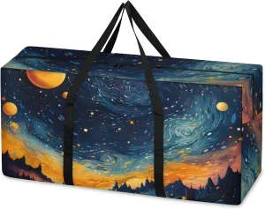 Cartoon Galaxy Extra Large Moving Bags Heavy Duty Storage Bags Graffiti Galaxy Cloth Wrap Around Handles Double Zipper Reusable Convenient Foldable Storage Tote for Travel Camping Space Save