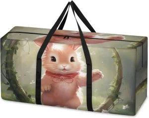 Cartoon Rabbit Extra Large Moving Bags Heavy Duty Storage Bags Dreamy Rabbit Cloth Wrap Around Handles Double Zipper Reusable Convenient Foldable Storage Tote for Travel Camping Space Save