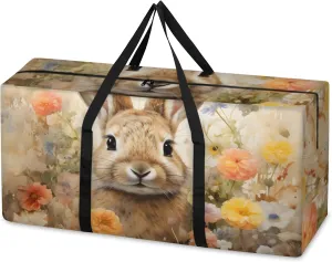 Cartoon Rabbit Extra Large Moving Bags Heavy Duty Storage Bags Flowers Rabbit Cloth Wrap Around Handles Double Zipper Reusable Convenient Foldable Storage Tote for Travel Camping Space Save