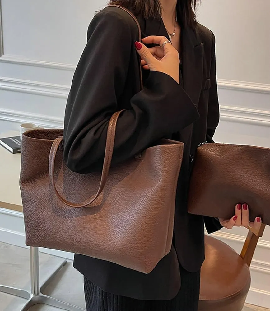 Casual Tote Bags for Women Soft Shoulder Purses Ladies Large Top Handle Handbag Working Satchels 2pcs