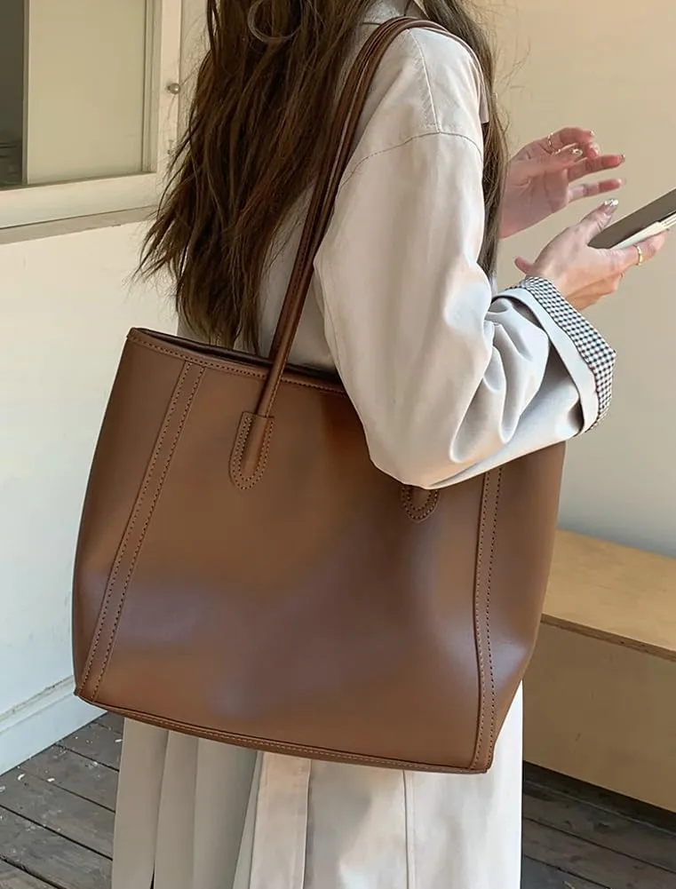 Casual Vegan Leather Tote Bags for Women Large Working Shoulder Purse Ladies Top Handle Handbags Satchels