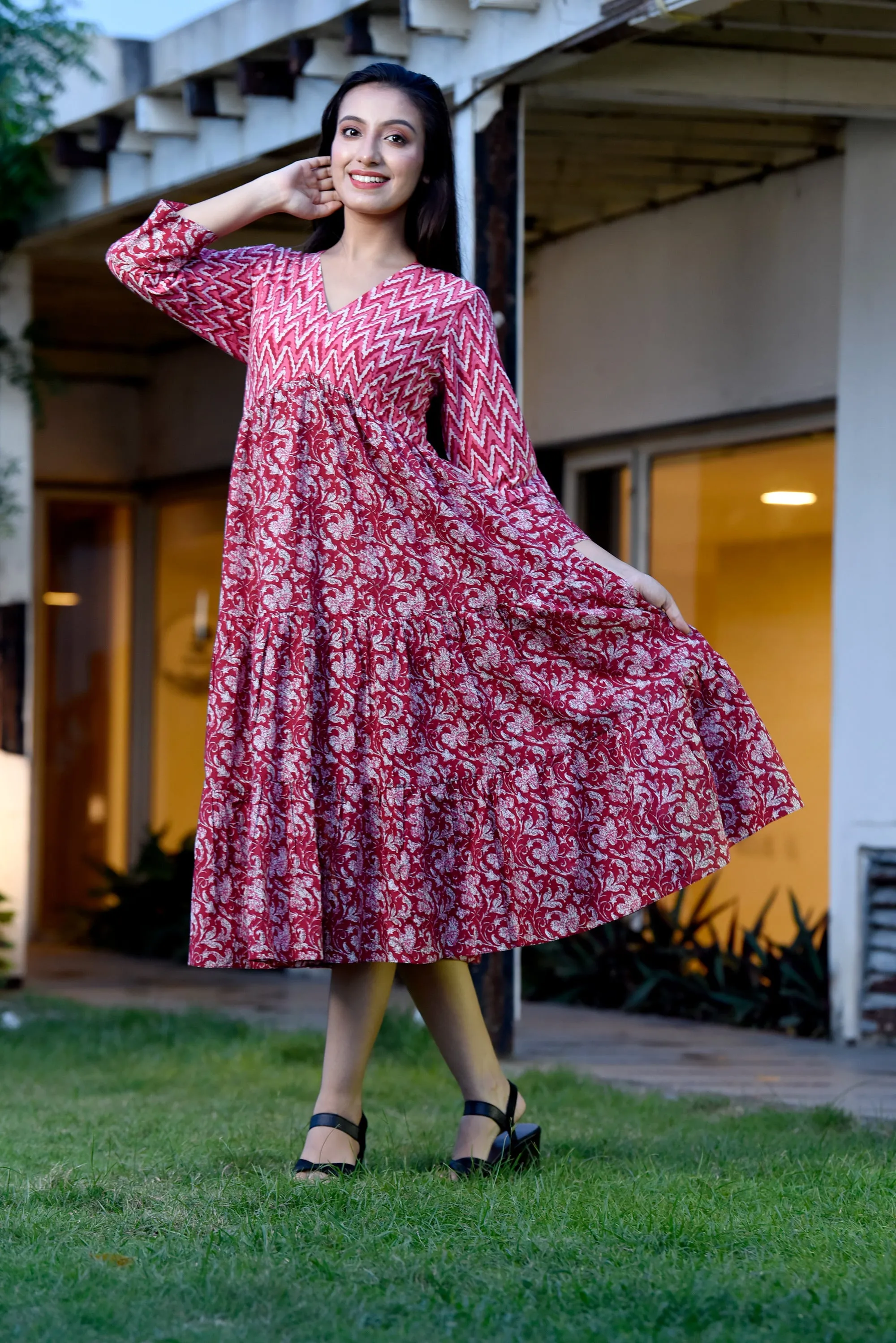 Cherry Jaipuri Cotton Flared Dress