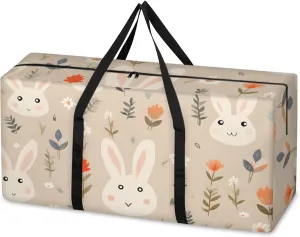 Colorful Rabbit Extra Large Moving Bags Heavy Duty Storage Bags Flowers Rabbit Cloth Wrap Around Handles Double Zipper Reusable Convenient Foldable Storage Tote for Travel Camping Space Save